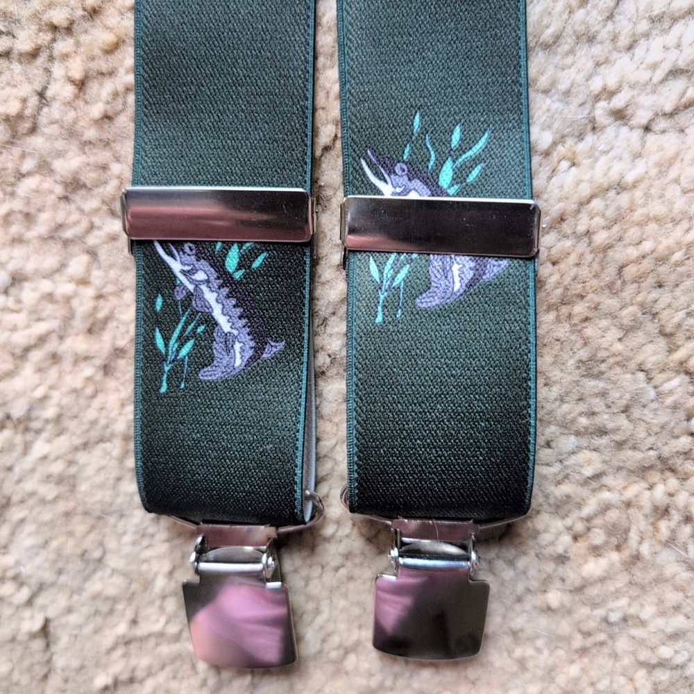 Ederer Fischer P-016 Suspenders Men's Green Fishing Logo Adjustable Clips - Picture 3 of 5